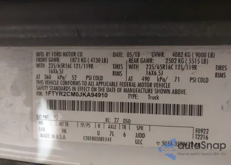 2018 Ford Transit-250 z USA, uszkodzony, nr VIN 1FTYR2CM0JKA94910